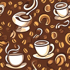 Obraz premium Caffeine Bliss: Fun Coffee-Themed Seamless Pattern with Steaming Cups and Beans