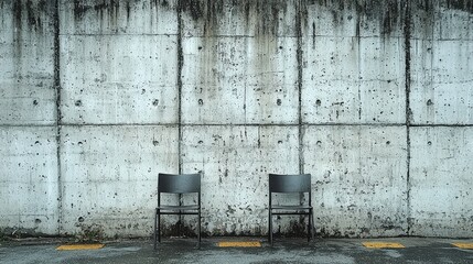 Two black chairs positioned against a textured concrete wall in an urban setting, evoking solitude