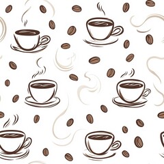 Obraz premium Vibrant Coffee Lover's Delight Seamless Pattern with Steaming Cups, Beans, and Steam Swirls