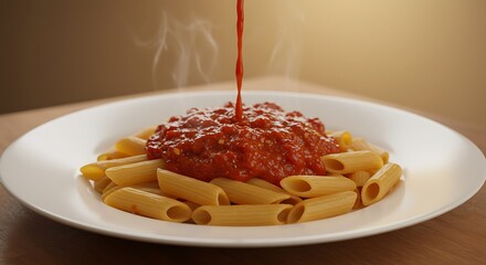 A plate of penne arrabbiata with spicy tomato sauce and chili flakes.