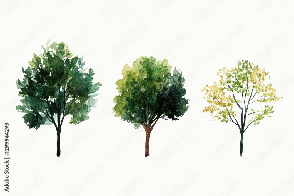 Poster a minimal watercolor tree illustration set for landscape architecture and design projects, showcasin