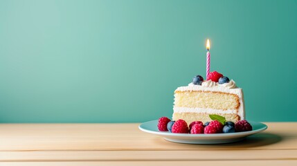 Single Slice Vanilla Cake with Berries and Candle on Wooden Table
