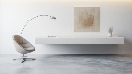 Minimalist workspace featuring floating desk and sculptural chair design