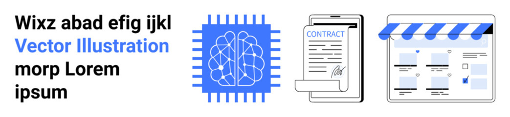 AI chip with interconnected lines, signed contract on clipboard, online storefront with awning, and random text elements. Ideal for technology, business, e-commerce, AI, contracts documents
