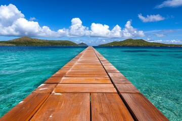 Obraz premium A wooden pier extending into the turquoise waters of a small island bay