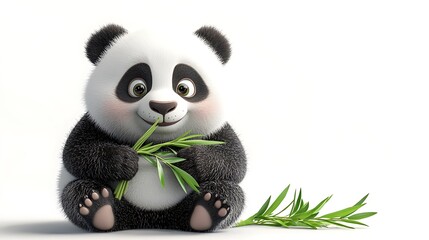 Cute panda eating bamboo cartoon style whimsical bright background