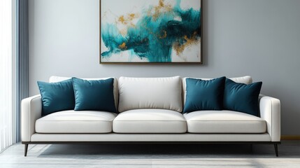 Modern minimalist living space featuring a soft off-white sofa with blue accents