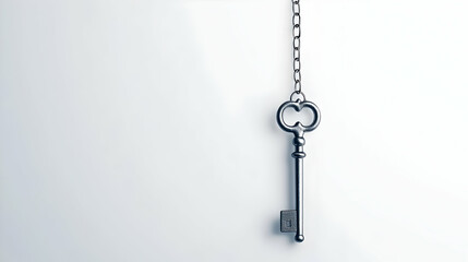 Vintage Skeleton Key Hanging On A Silver Chain Against A White Background