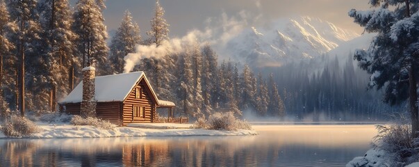 Fototapeta premium Winter cabin retreat by frozen lake serene nature landscape evening