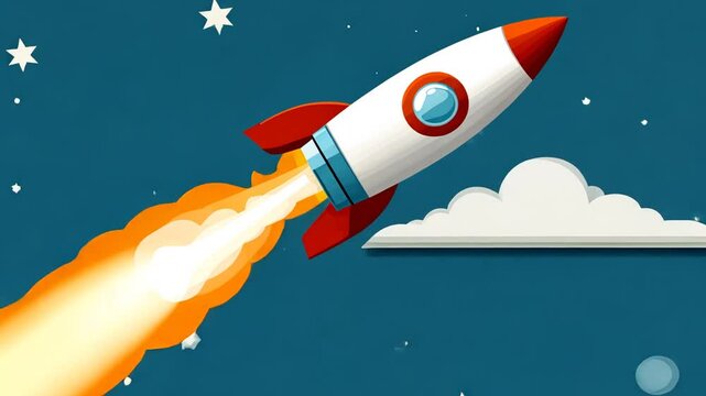 Cartoon Rocket Soaring Through Starry Sky, Symbolizing Ambition and Achieving Goals