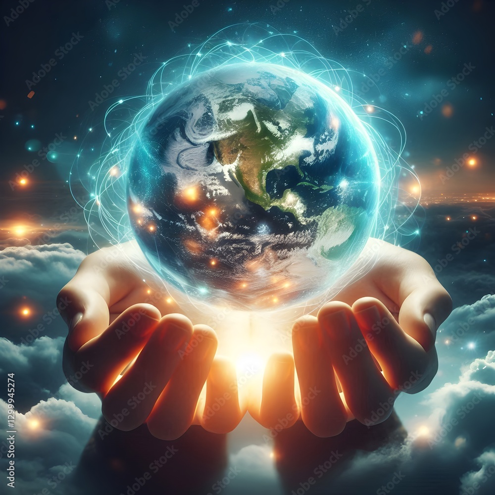 Poster planet earth floating over open hands with lush greenery glowing light and soft clouds representing 