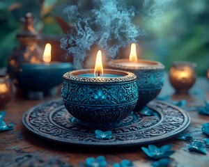 The burning candles are the focal point of the composition