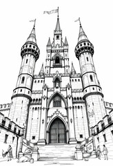 Obraz premium Detailed Castle Illustration with Figures Creates a Fantasy Scene