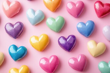 Fototapeta premium Colorful heart shapes on gentle pink background for romantic events and affectionate activities