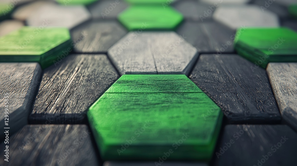 Poster close-up view of hexagonal wooden tiles in green and gray patterns
