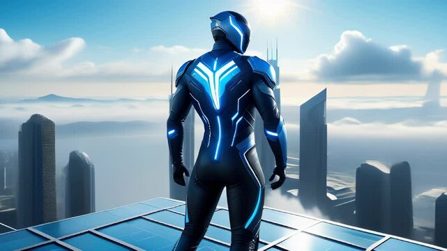 Futuristic character in glowing suit overlooks a vibrant cityscape at dawn