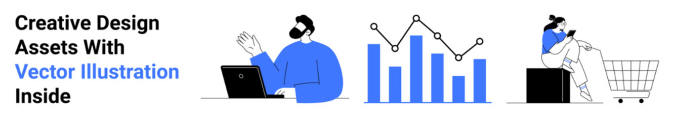 Man working on laptop, bar graph with nodes, woman shopping online. Ideal for business planning, data analytics, technology, innovation, e-commerce, market trends flat landing page banner