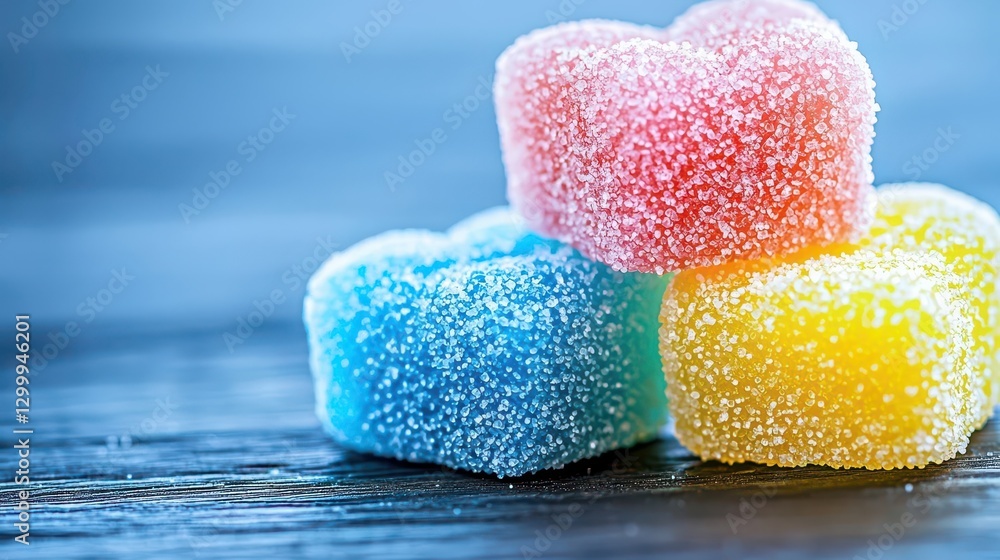 Poster colorful candies arranged on a wooden table with a rustic background and soft lighting