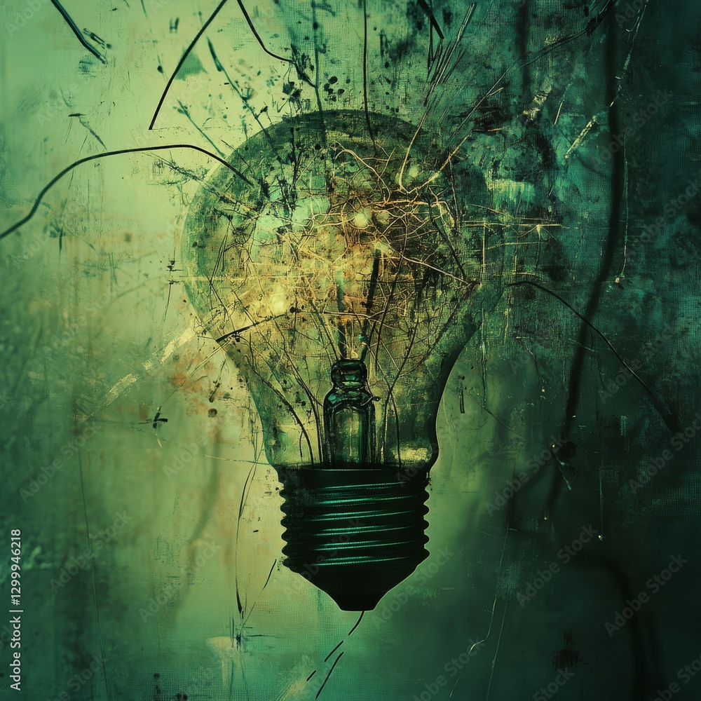 Fototapete A Fractured Idea:  Lightbulb Illuminating a Distressed Green Background with Hints of Innovation and Conceptual Thought