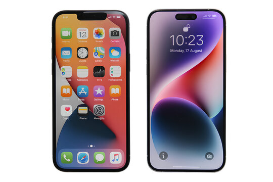 Two smartphone displays with app icons and time interface isolated on transparent background PNG