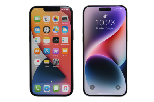 Two smartphone displays with app icons and time interface isolated on transparent background PNG - Powered by Adobe
