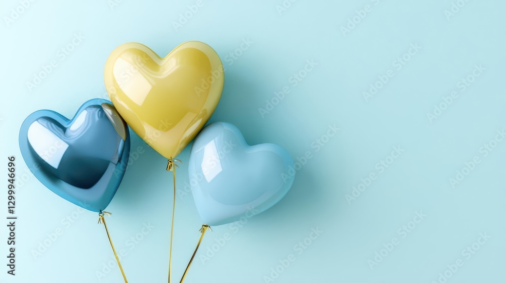 Poster three heart shaped balloons floating against a solid blue background in a cheerful composition