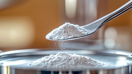 A close-up of a white powdery substance on a laboratory spoon, placed over a metal tray, symbolizing pharmaceutical research, chemistry, or food science.