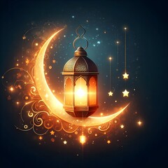 Warm Ramadan banner with traditional lantern shining crescent moon and starry night sky for festive Islamic greetings