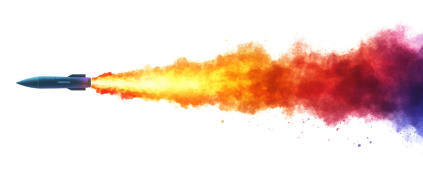 Rocket with colorful smoke and flames flying in the air on a white background.
