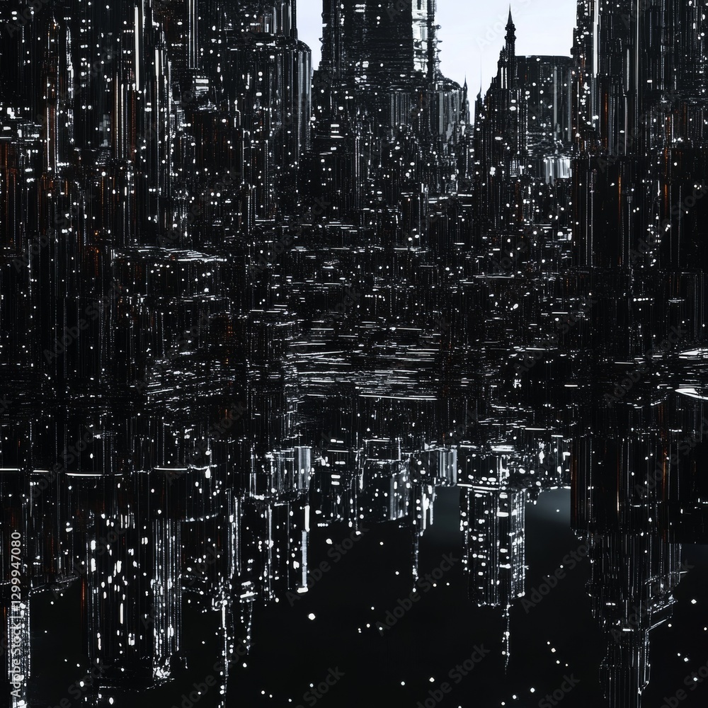 Poster reflections of a cyberpunk cityscape: a dark and dystopian future vision with illuminated structures