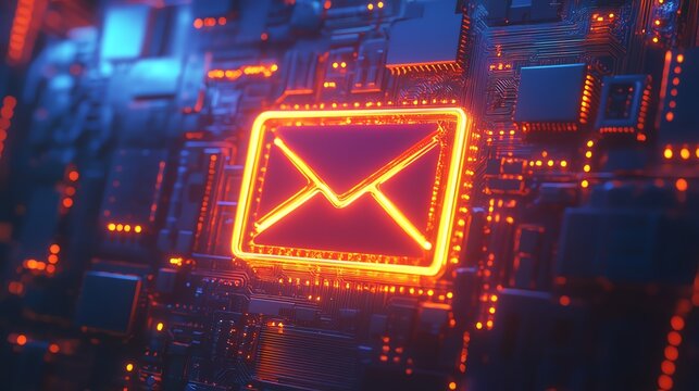 Futuristic email symbol on circuit board.
