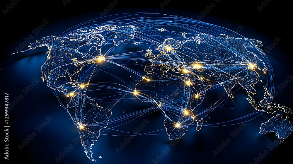 Poster global network visualization displaying interconnected data points on a blue illuminated world map
