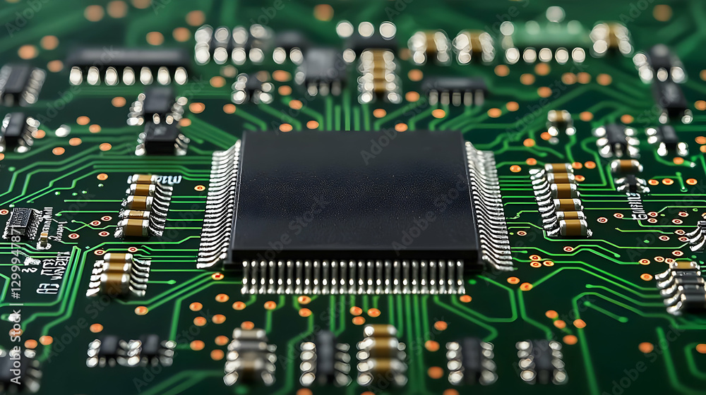 Poster close up view of green circuit board with black microchip technology and electronic components