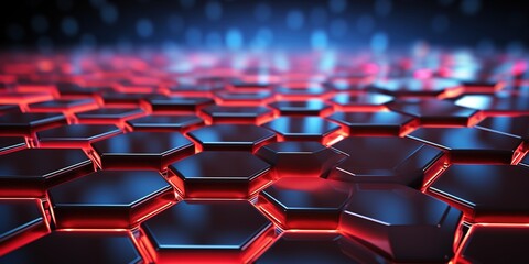 Fototapeta premium Dark Abstract Hexagonal Pattern with Blue Neon Lights, Futuristic Technology Concept