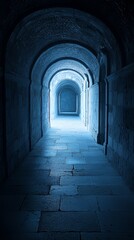 Obraz premium Blue Lit Stone Archway Tunnel Leading to Light