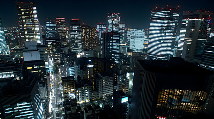 Aerial View of a City at Night With Illuminated Buildings and Urban Landscape