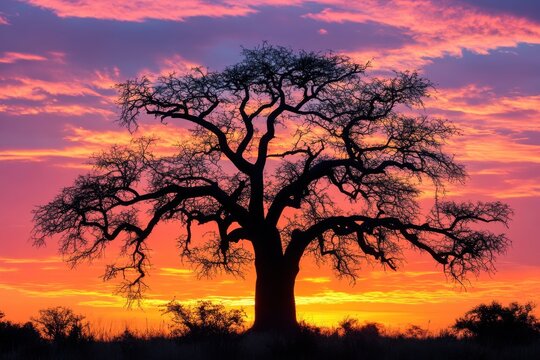 Majestic marula tree silhouettes framed by stunning sunset skies for nature enthusiasts and photography fans