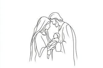 Simple line art drawing of Mary and Joseph holding the baby Jesus in their arms.