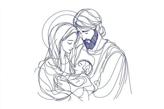 holy family line art, blue, white background clip art preview