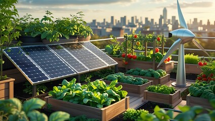 Fototapeta premium This rooftop garden integrates solar and wind energy with urban agriculture, promoting a sustainable and eco-friendly lifestyle in the city.