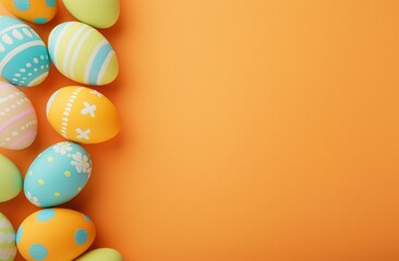 Colorful Easter eggs border on vibrant orange background in flat lay composition.