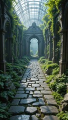 Obraz premium Overgrown Stone Pathway in a Sunlit Glass Roofed Ruin Lush Greenery and Ancient Architecture