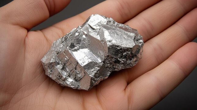 Silver-colored titanium ore fragment held in hand showcases natural mineral beauty