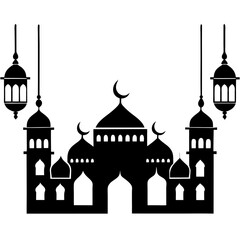 Timeless Mosque Illustration with Eid Mubarak Arabic Calligraphy.