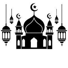 Timeless Mosque Illustration with Eid Mubarak Arabic Calligraphy.