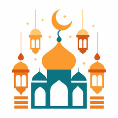 Islamic Eid Mosque Illustration with Hanging Lanterns & Calligraphy.