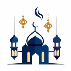 Islamic Eid Mosque Illustration with Hanging Lanterns & Calligraphy.