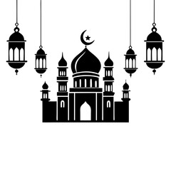 Obraz premium Timeless Mosque Illustration with Eid Mubarak Arabic Calligraphy.