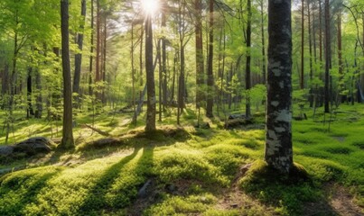 Obraz premium Sunlit forest, moss carpet, spring morning, tranquil scene, nature backdrop