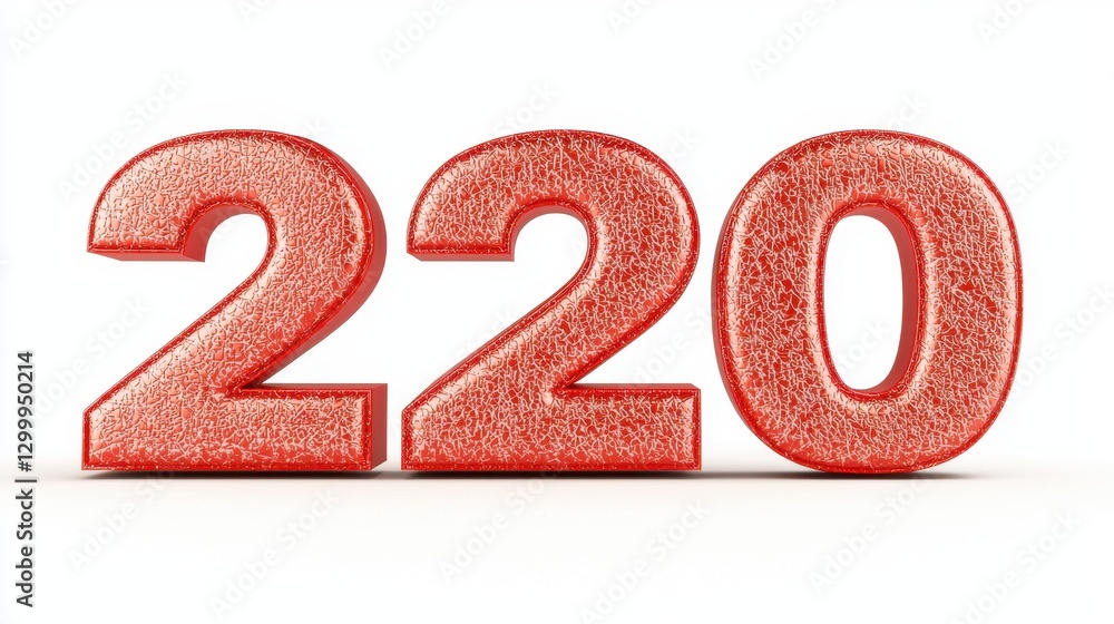 Poster bold red number 220 in three-dimensional style with glossy finish
